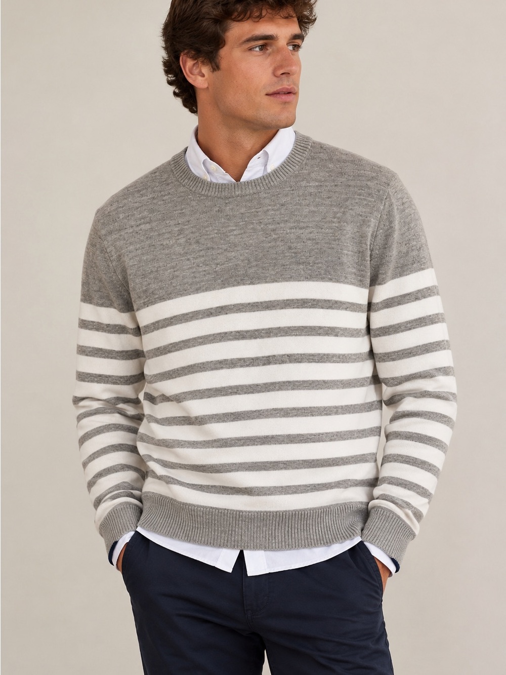 Tommy Hilfiger Gray & White Striped Crewneck Sweater
